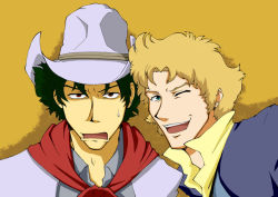 Rule 34 | 2boys, andy (cowboy bebop) (cosplay), andy von de oniyate, cosplay, cowboy bebop, cowboy clothes, cowboy hat, hat, multiple boys, one eye closed, spike spiegel, spike spiegel (cosplay), tagme, yellow background