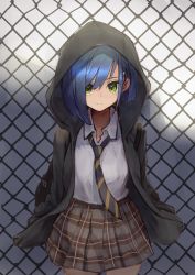 Rule 34 | 1girl, :|, arms at sides, asymmetrical bangs, asymmetrical hair, bad id, bad pixiv id, black hoodie, black necktie, blue hair, bob cut, brown skirt, chain-link fence, closed mouth, commentary, cowboy shot, darling in the franxx, dress shirt, expressionless, fence, green eyes, grey background, hair ornament, hair over one eye, hairclip, hands in pockets, highres, hood, hood up, hoodie, ichigo (darling in the franxx), looking at viewer, loose necktie, necktie, open clothes, open hoodie, plaid, plaid skirt, pleated skirt, sahini, school uniform, shirt, short hair, skirt, solo, standing, striped necktie, striped neckwear, white background, white shirt, yellow necktie