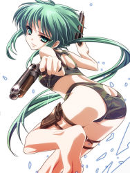 Rule 34 | 1girl, ass, ass cutout, bare shoulders, barefoot, bikini, butt crack, camouflage, clothing cutout, dual wielding, green eyes, green hair, gun, highres, holding, holster, long hair, matching hair/eyes, monety, original, ponytail, shatter, sidelocks, simple background, solo, swimsuit, thigh holster, weapon, white background
