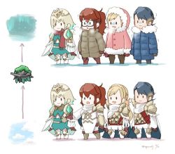 Rule 34 | 1boy, 3girls, alfonse (fire emblem), anna (fire emblem), armor, blonde hair, blue hair, braid, brother and sister, brown gloves, cape, closed mouth, coat, crown, crown braid, dated, fire emblem, fire emblem heroes, fjorm (fire emblem), fur trim, gloves, goggles, gradient hair, hood, hood up, long hair, long sleeves, mittens, multicolored hair, multiple girls, nintendo, open mouth, ponytail, red hair, robaco, scale armor, sharena (fire emblem), short hair, siblings, smile, standing, twitter username