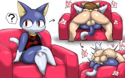 Rule 34 | 2boys, ?, anal, animal crossing, animal ears, brown hair, cat ears, cat tail, clothed sex, cum, cum in ass, enigi09, furry, furry male, furry with non-furry, heart, highres, huge testicles, interspecies, male penetrated, mating press, multiple boys, nintendo, rover (animal crossing), sex, simple background, sitting, speech bubble, tail, testicles, villager (animal crossing), white background, yaoi