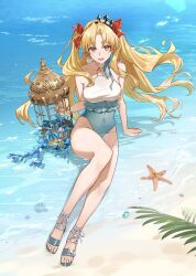 1girl beach blonde_hair breasts cage covered_navel ereshkigal_(fate) fate/grand_order fate_(series) frilled_one-piece_swimsuit frills highres hoshi_rasuku large_breasts long_hair o-ring o-ring_swimsuit ocean one-piece_swimsuit red_eyes sandals signature space_ereshkigal_(fate) space_ereshkigal_(first_ascension)_(fate) starfish swimsuit two_side_up