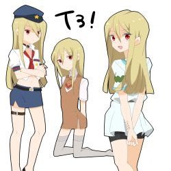 Rule 34 | afuro terumi, androgynous, blonde hair, crossdressing, dress, frown, gender request, grey thighhighs, hat, highres, inazuma eleven, inazuma eleven (series), kneeling, long hair, looking back, multiple persona, navel, necktie, open mouth, police, police uniform, red dress, red eyes, simple background, skirt, smile, solo, thighhighs, trap, uniform