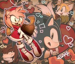 Rule 34 | 1girl, 3boys, :3, alternate costume, alternate eye color, amy rose, animal ears, animal nose, aoki (fumomo), arms up, blue eyes, blue fur, blue hair, body fur, boots, breath, brown scarf, candy, chocolate, chocolate heart, dress, food, fox boy, fox ears, fox tail, fur-trimmed gloves, fur trim, furry, furry female, furry male, gloves, green gloves, hairband, half-closed eyes, hand on own chin, hand to own mouth, hand up, happy, head rest, heart, holding, holding food, knee boots, knuckles the echidna, long hair, long sleeves, looking at viewer, mittens, multiple boys, multiple tails, nervous smile, notice lines, open mouth, outline, outstretched arms, pink fur, pink hair, pink outline, pom pom (clothes), puff of air, purple eyes, red dress, red footwear, red fur, red hair, red hairband, scarf, short dress, short hair, sidelocks, sideways mouth, smile, snout, sonic (series), sonic the hedgehog, spiked hair, sweatdrop, tail, tails (sonic), two-tone fur, two tails, white fur, white gloves, white outline, winter clothes, yellow eyes, yellow fur, yellow scarf