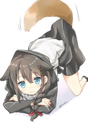 Rule 34 | 1girl, absurdres, blue eyes, braid, brown hair, cosplay, crossed arms, dog tail, hair ornament, hair over shoulder, hairclip, highres, hood, hooded jacket, jacket, kantai collection, kemonomimi mode, long hair, looking at viewer, re-class battleship, re-class battleship (cosplay), ryuki (ryukisukune), shigure (kancolle), single braid, skirt, smile, solo, tail