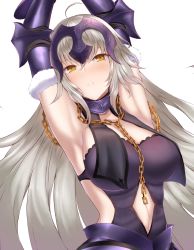 Rule 34 | 1girl, ahoge, armor, armored collar, armpits, arms up, blush, breasts, chain, clothing cutout, commentary request, fate/grand order, fate (series), forehead protector, fur trim, gauntlets, gold chain, highres, jeanne d&#039;arc (fate), jeanne d&#039;arc alter (avenger) (fate), jeanne d&#039;arc alter (avenger) (third ascension) (fate), jeanne d&#039;arc alter (fate), large breasts, light blush, long hair, looking at viewer, navel, navel cutout, numaguro (tomokun0808), partially opened mouth, revealing clothes, silver hair, simple background, solo, upper body, very long hair, white background, yellow eyes