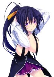Rule 34 | 10s, 1girl, absurdres, breasts, breasts out, high school dxd, highres, himejima akeno, large breasts, long hair, miyama-zero, ponytail, purple eyes, sideboob, smile, solo, standing