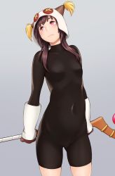 Rule 34 | 1girl, alternate costume, black bodysuit, blush, bodysuit, breasts, brown hair, cameltoe, choten, closed mouth, collarbone, commentary request, covered erect nipples, covered navel, cowboy shot, frown, gloves, grey background, hat, highres, holding, holding staff, kono subarashii sekai ni shukufuku wo!, long hair, looking up, medium breasts, megumin, red eyes, simple background, skin tight, skindentation, solo, staff, weapon, white gloves, white hat