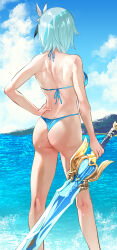 Rule 34 | 1girl, absurdres, alternate costume, ass, bikini, blue bikini, blue hair, blue sky, breasts, cloud, day, eula (genshin impact), from behind, genshin impact, hair ornament, hand on own hip, highres, holding, holding sword, holding weapon, medium breasts, ocean, outdoors, short hair, sky, standing, swimsuit, sword, uenoryoma, weapon