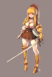 Rule 34 | 1girl, absurdres, armor, armored boots, armored dress, asymmetrical legwear, belt, blonde hair, blue eyes, boots, dicorndl, full body, grey background, hair ornament, high ponytail, highres, long hair, original, simple background, skirt, solo, standing, sword, thighhighs, uneven legwear, warrior, weapon, white thighhighs, zettai ryouiki
