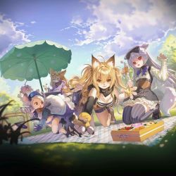 Rule 34 | 5girls, animal ears, animal hands, artist request, bag, bento, blonde hair, bow, cat ears, cat girl, cloud, cloudy sky, de lisle (coyote blues) (girls&#039; frontline), de lisle (girls&#039; frontline), drill hair, fleeing, food, furry, furry female, girls&#039; frontline, grass, hair between eyes, hair bow, hat, highres, ice cream cone, kneeling, long hair, mini person, minigirl, mk 12 (food thief&#039;s righteousness) (girls&#039; frontline), mk 12 (girls&#039; frontline), mouse ears, mouse girl, multiple girls, official alternate costume, official art, open mouth, outdoors, parasol, picnic, pig ears, pig girl, pm-9 (girls&#039; frontline), pm-9 (invincible golden tornado) (girls&#039; frontline), red eyes, sky, tabuk (girls&#039; frontline), tabuk (three little piggy renters) (girls&#039; frontline), tail, thighhighs, tokarev (girls&#039; frontline), tokarev (snowfall in the alley) (girls&#039; frontline), umbrella, yellow eyes