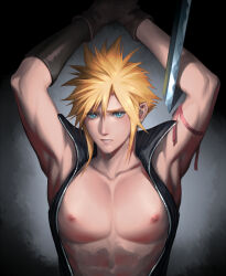 Rule 34 | 1boy, aqua eyes, arm up, armpits, arms behind head, asymmetrical gloves, black gloves, black shirt, blonde hair, blush, breast mousepad, cloud strife, collarbone, earrings, eilinna, final fantasy, final fantasy vii, final fantasy vii advent children, furrowed brow, gloves, grey background, hair between eyes, high collar, jewelry, male focus, masamune (ff7), mousepad, open clothes, open shirt, parted lips, pectorals, pink ribbon, ribbon, shirt, short hair, single earring, sleeveless, sleeveless shirt, solo, spiked hair, toned, toned male, upper body