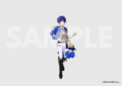 Rule 34 | 1boy, alternate costume, alternate hairstyle, aqua eyes, astel leda, award ribbon, black footwear, black vest, blonde hair, blue hair, blue ribbon, boots, buttons, closed mouth, collared shirt, commentary, copyright notice, cross-laced footwear, full body, gold trim, hand on own chest, hand up, holostars, idol, jacket, knee boots, lace-up boots, layered clothes, looking at viewer, male focus, multicolored hair, neck ribbon, official art, open clothes, open jacket, pants, parted bangs, pleated pants, ribbon, sample watermark, sash, shirt, short hair, side cape, simple background, smile, standing, straight-on, streaked hair, uniform, v-shaped eyebrows, vest, virtual youtuber, waistcoat, walking, watermark, white jacket, white pants, white shirt, xia (ryugo)