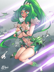 Rule 34 | 1girl, bike shorts, blush, breasts, choker, commentary request, covering privates, covering breasts, crying, crying with eyes open, cure march, embarrassed, exploding clothes, green choker, green shorts, green skirt, highres, huge breasts, long hair, looking at viewer, magical girl, midorikawa nao, navel, obui, open mouth, precure, shiny skin, shorts, skirt, smile precure!, solo, tears, torn, torn bike shorts, torn clothes, wide-eyed