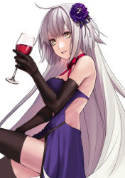 Rule 34 | 1girl, ahoge, applekun, bare shoulders, black gloves, black thighhighs, commentary, cup, dress, drinking glass, elbow gloves, fate/grand order, fate (series), flower, formal, gloves, hair between eyes, hair flower, hair ornament, holding, holding cup, jeanne d&#039;arc (fate), jeanne d&#039;arc alter (avenger) (fate), jeanne d&#039;arc alter (avenger) (third ascension) (fate), jeanne d&#039;arc alter (fate), lips, long hair, looking at viewer, neck ribbon, official alternate costume, parted lips, pink lips, purple dress, purple flower, red ribbon, ribbon, simple background, sleeveless, sleeveless dress, solo, strapless, strapless dress, teeth, thighhighs, very long hair, white background, white hair, yellow eyes