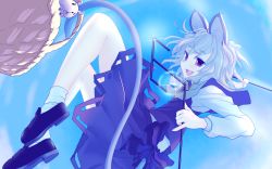 Rule 34 | 1girl, animal ears, basket, blush, capelet, cloud, grey hair, ishikkoro, jewelry, mouse (animal), mouse ears, mouse tail, nazrin, open mouth, pendant, red eyes, short hair, sky, smile, solo, tail, touhou
