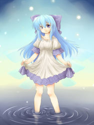 Rule 34 | 1girl, alternate hairstyle, bow, cirno, female focus, kakkou, long hair, aged up, solo, touhou, water