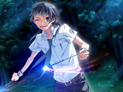 Rule 34 | 1boy, ;d, belt, black hair, buckle, dutch angle, game cg, kinose azusa, looking back, male focus, one eye closed, open mouth, outdoors, pants, shirt, smile, solo, starry sky (game), white shirt