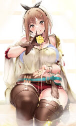Rule 34 | 1girl, :q, atelier (series), atelier ryza, atelier ryza 1, belt, beret, blush, breasts, brown belt, brown eyes, brown gloves, brown hair, brown thighhighs, cleavage, gloves, hair ornament, hairclip, hat, highres, honey, honeycomb (object), jewelry, large breasts, licking lips, looking at viewer, necklace, red shorts, reisalin stout, shino (comic penguin club), short hair, short shorts, shorts, single glove, sitting, smile, solo, star (symbol), star necklace, test tube, thick thighs, thighhighs, thighs, tongue, tongue out, water, white hat