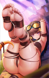 Rule 34 | 1girl, absurdres, arknights, armband, armpits, arms up, ass, bandeau, black hair, black jelly, breasts, commentary, eunectes (arknights), feet, foot focus, foreshortening, goggles, goggles on head, highres, legs up, looking at viewer, lying, medium breasts, on back, partially visible vulva, purple eyes, short hair, solo, strapless, thigh strap, thighs, tube top