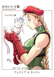 Rule 34 | 2girls, ahoge, animal, artist name, bare arms, beret, blonde hair, blue eyes, braid, breasts, cammy white, cat, cat girl, crossover, scar on face, felicia (vampire), gauntlets, gloves, green leotard, harness, hat, holding, holding animal, large breasts, leotard, light, light blush, looking at another, multiple girls, muscular, muscular female, red gloves, richard suwono, scar, scar on cheek, scar on face, signature, smile, street fighter, surprised, sweat, tactical clothes, talking, thong leotard, transformation, twin braids, vampire (game), white background