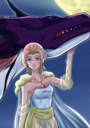 Rule 34 | 1990s (style), 1girl, blonde hair, blue eyes, cape, detached sleeves, dragon, earrings, female focus, final fantasy, final fantasy v, flower, hair ornament, ismau0418, jewelry, lenna charlotte tycoon, long hair, outdoors, sky, solo, standing