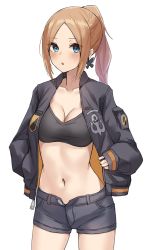 Rule 34 | 1girl, abigail williams (fate), absurdres, aged up, black jacket, black sports bra, blonde hair, blue eyes, blush, breasts, cleavage, collarbone, earrings, fate/grand order, fate (series), forehead, grey shorts, highres, jacket, jewelry, kopaka (karda nui), long hair, long sleeves, looking at viewer, medium breasts, navel, open clothes, open fly, open jacket, parted bangs, ponytail, short shorts, shorts, sports bra, thighs