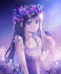 Rule 34 | 1girl, blue flower, blush, bug, butterfly, choker, collarbone, dress, flower, frilled dress, frills, hair flower, hair ornament, highres, insect, long hair, looking at viewer, nail polish, original, parted lips, purple butterfly, purple dress, purple eyes, purple flower, purple hair, purple nails, purple theme, solo, ssum (ehf dustk), white choker