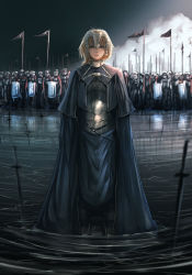 Rule 34 | 1girl, 6+boys, absurdres, advarcher, armor, armored dress, belt, blonde hair, braid, brown eyes, cape, cloud, fate/apocrypha, fate/grand order, fate (series), frown, headpiece, highres, jeanne d&#039;arc (fate), jeanne d&#039;arc (ruler) (fate), lance, long hair, multiple boys, partially submerged, pennant, polearm, ripples, shield, sword, water, weapon