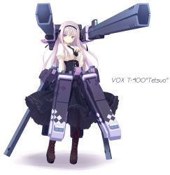 Rule 34 | 1girl, armor, black necktie, black shirt, blouse, blue eyes, boots, character name, corset, faulds, full body, hairband, head tilt, huge weapon, legs apart, lolita fashion, long hair, looking at viewer, mecha musume, necktie, original, parted bangs, poco (asahi age), purple eyes, shirt, simple background, solo, standing, very long hair, virtual on, weapon, white background, white shirt