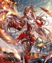Rule 34 | 1girl, :d, artist request, breasts, brown hair, clothing cutout, cygames, dragon claw, fire, frills, galmieux omen of disdain, long hair, navel, navel cutout, official art, open mouth, planted sword, planted, red eyes, scales, shadowverse, skirt, small breasts, smile, sword, weapon