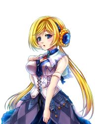 Rule 34 | 1girl, blonde hair, blue eyes, blush, breasts, cleavage, corset, dress, eltnage, highres, large breasts, long hair, looking at viewer, melua melna meia, open mouth, ribbon, see-through, see-through sleeves, short sleeves, simple background, solo, super robot wars, super robot wars judgement, super robot wars og moon dwellers, super robot wars original generation, twintails, white background, zipper