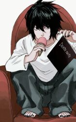 Rule 34 | 1boy, baggy pants, bags under eyes, barefoot, black eyes, black hair, black nails, chair, death note, death note (object), denim, eating, hair between eyes, highres, holding, holding ice cream cone, holding notebook, ice cream cone, jeans, l (death note), long sleeves, male focus, messy hair, nail polish, notebook, pants, shirt, short hair, softp3ach, solo, squatting, toenail polish, toenails, white shirt