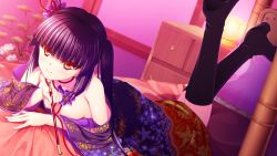 Rule 34 | 1girl, asami asami, bare shoulders, black hair, boots, breasts, chest of drawers, game cg, japanese clothes, long hair, looking at viewer, lying, no bra, on stomach, re:birth colony, red eyes, rindou airi, side ponytail, smile, solo