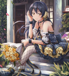 Rule 34 | 10s, 1girl, 2017, artist name, bare shoulders, black hair, black hairband, blue dress, blue footwear, blue ribbon, bouquet, box, breasts, brown eyes, building, bush, choker, cleavage, closed mouth, dated, detached sleeves, dress, flower, flower pot, frilled dress, frills, hair flower, hair ornament, hairband, highres, holding, holding bouquet, holding flower, house, idol, long hair, looking at viewer, love live!, love live! school idol festival, love live! school idol project, open door, outdoors, petals, plaid, plaid dress, plant, potted plant, ribbon, ribbon-trimmed sleeves, ribbon trim, rose, shamakho, shelf, footwear ribbon, shoes, short sleeves, sitting, sleeveless, sleeveless dress, small breasts, smile, smoke, sonoda umi, stairs, sweatband, white legwear, window, yellow flower, yellow ribbon, yellow rose