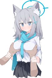 Rule 34 | 1boy, 1girl, animal ear fluff, animal ears, black skirt, blue archive, blue eyes, blue necktie, blue scarf, blush, breasts, closed mouth, cross hair ornament, grabbing, grabbing another&#039;s breast, hair ornament, hetero, highres, holding another&#039;s wrist, long sleeves, medium breasts, mikozin, necktie, scarf, shiroko (blue archive), shirt, simple background, skirt, white background, white shirt