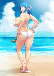 Rule 34 | 1girl, adjusting clothes, adjusting swimsuit, ass, bikini, blue hair, breasts, cloud, commission, crab, curvy, erkaz, eyepatch bikini, footprints, highres, holding, huge breasts, looking back, original, pink eyes, rina atherina, sand, sandals, side-tie bikini bottom, sideboob, swimsuit, white bikini, white footwear