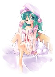 Rule 34 | 1girl, bare legs, barefoot, bed, blush, breasts, camisole, crescent moon, female focus, green eyes, green hair, hat, kazami yuuka, kazami yuuka (pc-98), legs, long hair, long sleeves, lotus land story, moon, nightcap, nightgown, no bra, no panties, off shoulder, one eye closed, pajamas, rubbing eyes, see-through, sitting, sleepy, small breasts, solo, star (symbol), tears, toto nemigi, touhou, touhou (pc-98), transparent, untied, wink, wiping tears