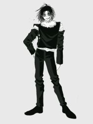 Rule 34 | 1boy, arm at side, asutalt, detached sleeves, full body, fur trim, greyscale, hand on own hip, kagurabachi, looking at viewer, medium hair, messy hair, monochrome, pants, shoes, smirk, solo, soujou genichi, standing