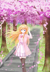Rule 34 | 1girl, absurdres, arm at side, arm up, bad id, bad pixiv id, black thighhighs, blonde hair, blue eyes, blush, bow, catsmoon, cherry blossoms, collarbone, dress, grass, highres, lace, lace-trimmed legwear, lace trim, long hair, original, outdoors, petals, pink bow, pink dress, see-through, short sleeves, sleeveless, sleeveless dress, solo, stairs, thighhighs, torii, tree, very long hair, walking, wind, zettai ryouiki