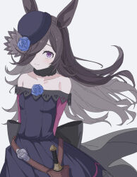 Rule 34 | 1girl, animal ears, arms behind back, bare shoulders, belt, black bow, black hair, blue flower, blue hat, blue rose, bow, breasts, choker, closed mouth, dagger, dress, flower, hair over one eye, hat, hat flower, highres, horse ears, horse girl, horse tail, knife, long hair, long sleeves, looking at viewer, off-shoulder dress, off shoulder, purple eyes, rice shower (umamusume), rose, simple background, small breasts, solo, tail, umamusume, upper body, weapon, yu yin