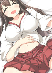 Rule 34 | 10s, 1girl, ^ ^, absurdres, akagi (kancolle), blush, breasts, brown hair, cleavage, closed eyes, clothes lift, drooling, closed eyes, female focus, highres, kantai collection, large breasts, long hair, lying, midriff peek, navel, on back, open mouth, ryuki (ryukisukune), saliva, shirt lift, skirt, sleeping, smile, solo