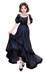 Rule 34 | 1girl, absurdres, bare legs, black dress, black footwear, brown hair, dress, earrings, full body, hand up, highres, holding, holding clothes, holding dress, jewelry, looking at viewer, necklace, open mouth, original, rezoeline, simple background, smile, solo, white background