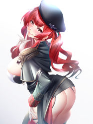 Rule 34 | 1girl, ass, azur lane, blush, breasts, closed mouth, curly hair, garter straps, gloves, half-closed eyes, hat, highres, huge breasts, ken ill, lips, long hair, red eyes, red hair, smile, solo, thighhighs, twintails, white gloves, zara (azur lane)