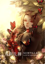Rule 34 | 1boy, artist name, black jacket, brown hair, bug, butterfly, character name, collared jacket, commentary, english commentary, english text, flower, from behind, hair over shoulder, high collar, insect, jacket, kanlamari, kashuu kiyomitsu, leaf, long hair, long sleeves, looking at viewer, looking back, low ponytail, male focus, mole, mole under mouth, nail polish, outstretched arm, pink flower, pink rose, red butterfly, red eyes, red nails, red shirt, rose, shirt, single bracer, solo, sunlight, too many butterflies, touken ranbu, turtleneck, upper body, watermark, white flower