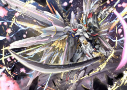 Rule 34 | beam saber, commentary, dual wielding, electricity, energy sword, gundam, gundam seed, gundam seed freedom, highres, holding, holding sword, holding weapon, katana, light particles, looking at viewer, mecha, mighty strike freedom gundam, mobile suit, no humans, robot, science fiction, solo, sword, troy (oxaa01ex), v-fin, weapon, yellow eyes
