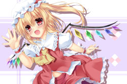Rule 34 | 1girl, :d, ascot, blonde hair, blush, female focus, flandre scarlet, fujieda uzuki, hat, hat ribbon, highres, mob cap, open mouth, red eyes, ribbon, side ponytail, simple background, skirt, smile, solo, touhou, waving, white background, white hat, wings, wrist cuffs