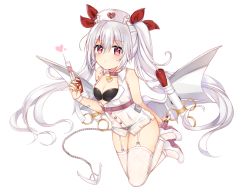 Rule 34 | 1girl, azur lane, bad id, bad pixiv id, bandaged arm, bandages, bare arms, bare shoulders, bat wings, bikini, bikini top only, black bikini, breasts, chain, choker, cleavage, closed mouth, collarbone, dress, full body, garter straps, grey wings, hair between eyes, hair ribbon, hat, heart, high heels, holding, holding syringe, long hair, looking at viewer, low wings, metal wings, nurse cap, red choker, red eyes, red ribbon, ribbon, shikino (sikinonono), silver hair, simple background, sleeveless, sleeveless dress, small breasts, solo, swimsuit, syringe, thighhighs, twintails, vampire (azur lane), vampire (little devil in white) (azur lane), very long hair, white background, white dress, white footwear, white hat, white thighhighs, wings