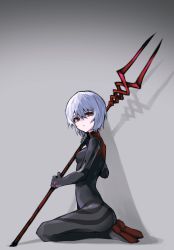 Rule 34 | 1girl, absurdres, ayanami rei, bident, black bodysuit, blue hair, bodysuit, breasts, closed mouth, commentary request, danbal, from side, full body, grey background, hair between eyes, highres, holding, holding weapon, korean commentary, lance of longinus (evangelion), looking at viewer, neon genesis evangelion, plugsuit, polearm, rebuild of evangelion, red eyes, seiza, shadow, short hair, simple background, sitting, skin tight, small breasts, solo, weapon