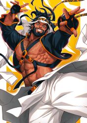 Rule 34 | 1boy, abs, artist name, bara, beard, belt, black hair, brown eyes, chest belt, facial hair, feet out of frame, fighting stance, gloves, hairy, highres, large pectorals, long hair, looking at viewer, male focus, manly, mature male, muscular, muscular male, nipples, no shirt, pants, pectorals, rashid (street fighter), signature, simple background, skirt, smile, solo, street fighter, street fighter 6, tan, teeth, thick arms, thick eyebrows, thick thighs, thighs, veins, xelgot